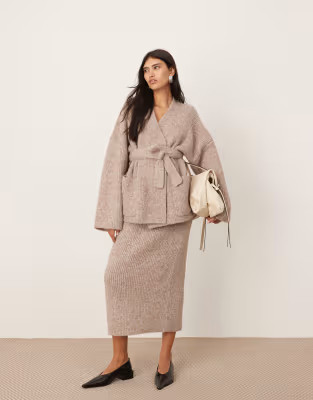 ASOS EDITION ribbed knitted maxi skirt and chunky knit wrap longline cardigan co-ord in taupe | ASOS (Global)