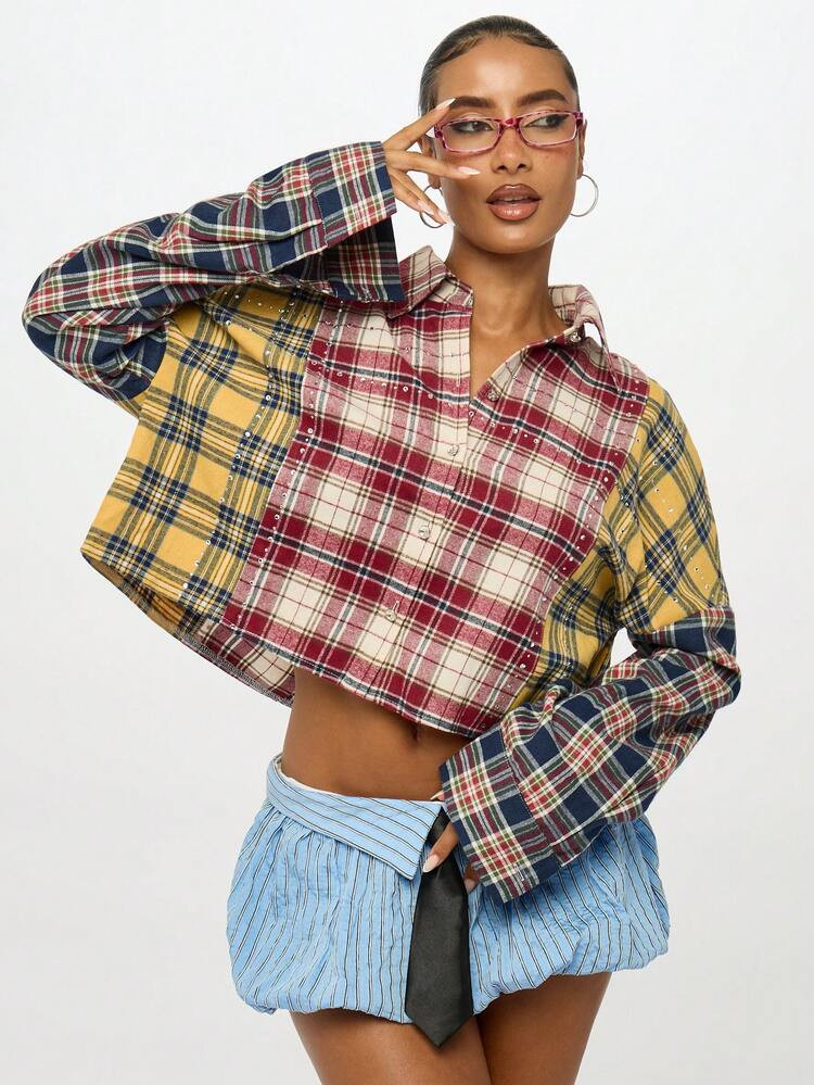 SUMWON WOMEN Plaid Multi Pattern Patchwork Oversized Cropped Button Down Shirt With Diamante Details Winter Grunge Preppy Y2K Style Long Sleeve Collared Top | SHEIN