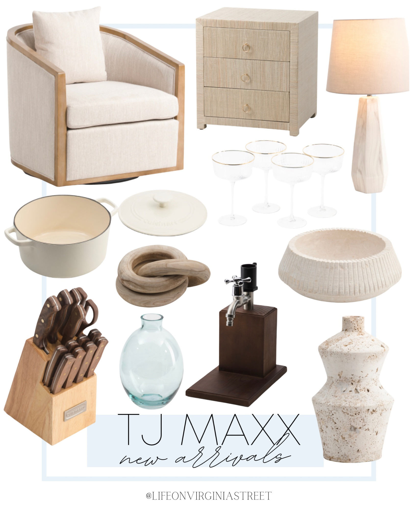 TJ Maxx’s new arrivals are absolutely perfect! I love finding home decor that gives a designer look without spending an arm and a leg! TJ Maxx always delivers the best pieces that are the most budget friendly! 

Accent chair, side table, coastal lamp, white Dutch oven, wood knot decor, knife set, vases, decorative bowl, liquor dispenser, coup glasses 



#LTKhome #LTKsalealert #LTKstyletip