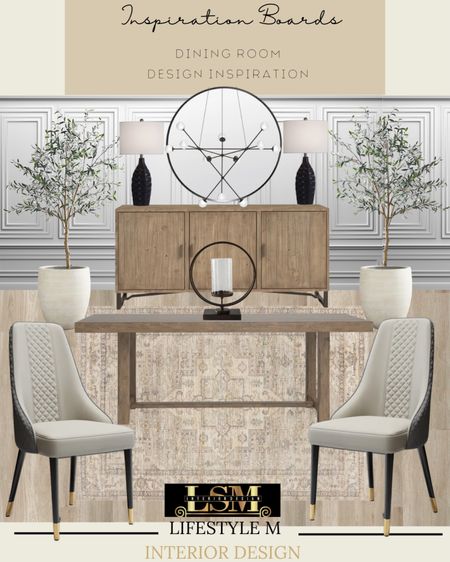 Modern organic dining room design inspiration. Recreate the look at home with these furniture and decor. Wood buffet console table, wood dining room table, upholstered black dining chair, creme dining room rug, wood floor tiles, candle holder, black table lamp, round mirror, dining room chandelier, white tree planter pot, faux fake tree.

#LTKFind #LTKstyletip #LTKhome