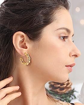 Wowshow Gold Hoop Earrings 14k Gold Plated Twisted Rope Round Chunky Hoop Earrings Gift for Women | Amazon (US)