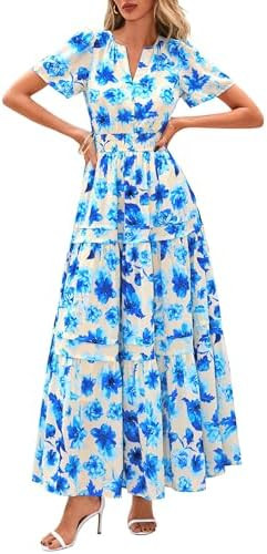PRETTYGARDEN Women's 2026 Summer Boho Maxi Dresses Floral Short Sleeve V Neck A Line Tiered Flowy... | Amazon (US)