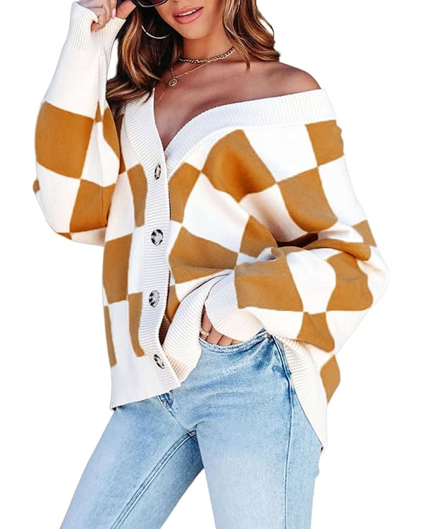 Dokotoo Womens Plaid V Neck Button Down Long Sleeve Cable Knit Oversized Cardigan Sweaters Tops | Amazon (US)