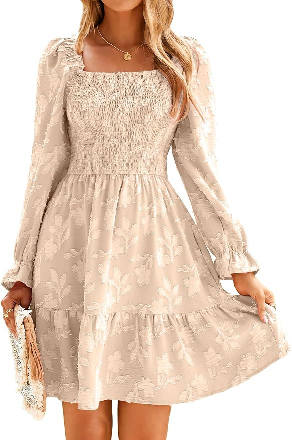 BerryGo Women's Square Neck Fall Long Sleeve Mini Dress Smocked Swing Ruffle Wedding Guest Dress | Amazon (US)