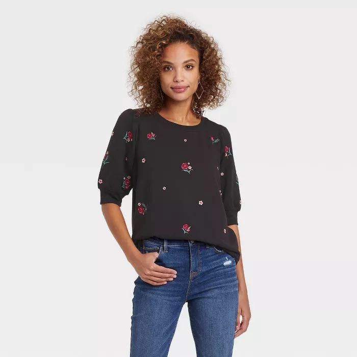 Women's Short Sleeve Embroidered Sweatshirt - Knox Rose™ Gray Floral | Target