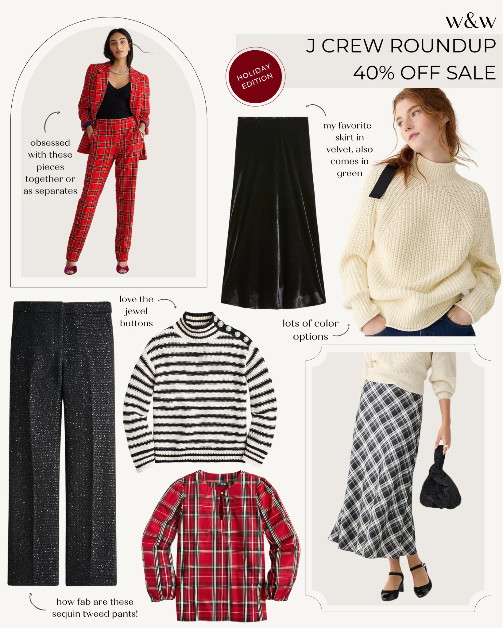 J Crew sale roundup:
Plaid blazer
Plaid pants
Velvet skirt 
Sequin pants
Plaid skirt
Rollneck sweater
Striped sweater 
Plaid shirt 

Holiday outfit 

#LTKSeasonal #LTKsalealert #LTKHoliday