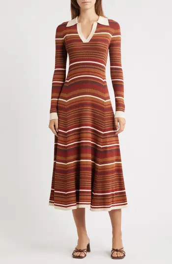 MOON RIVER Stripe Long Sleeve Midi Sweater Dress in Beige Multi at Nordstrom Rack, Size Large | Nordstrom Rack