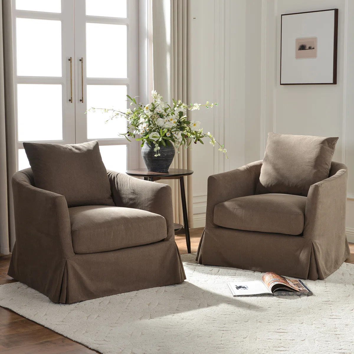 32" W Down Fill Upholstered Slipcover Swivel Barrel Chair with Pillow Back Set of 2 | Wayfair North America