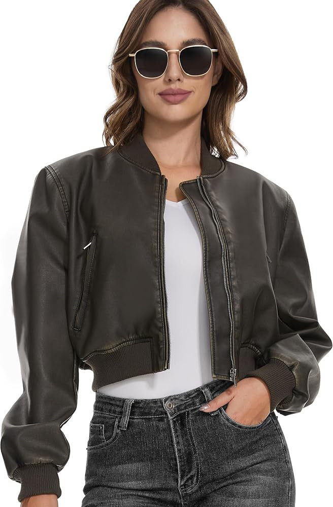 Fahsyee Women's Leather Jackets, Faux Motorcycle Biker Coat Short Lightweight Vegan | Amazon (US)