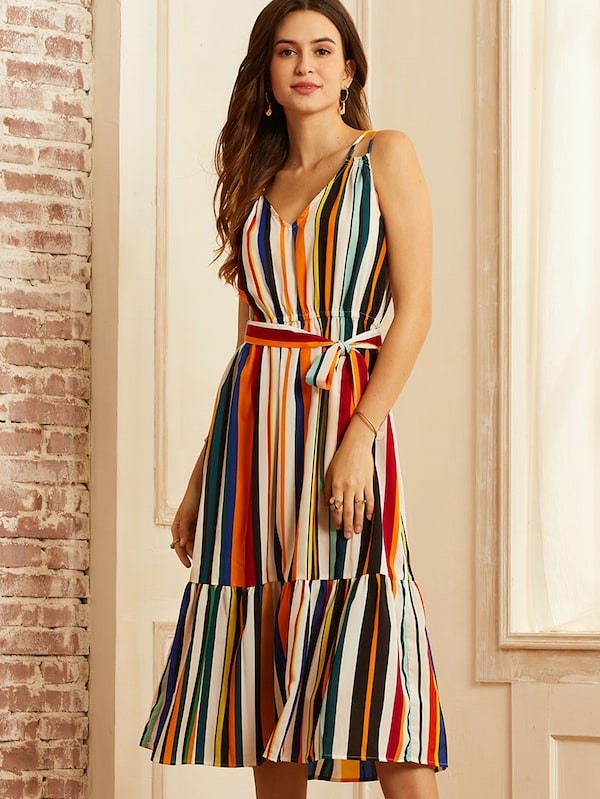SBetro Self Belted Ruffle Hem Striped Cami Dress | SHEIN