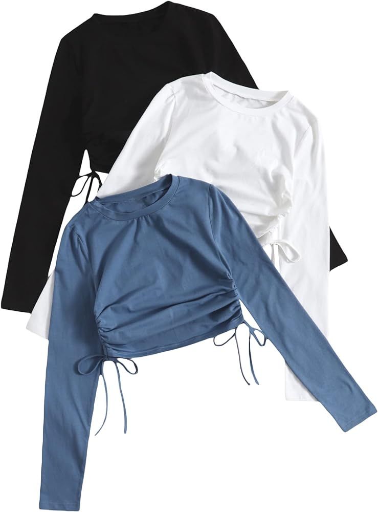 SHENHE Women's 3 Piece Ruched Long Sleeve Drawstring Crewneck T Shirt Crop Tops | Amazon (US)