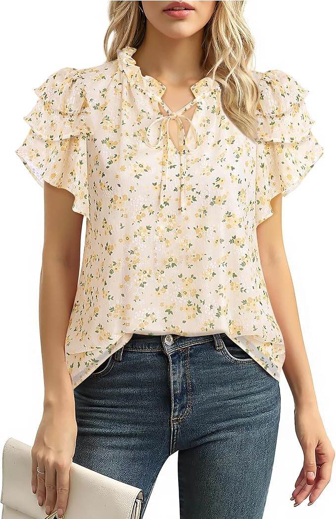 Lotusmile Summer Chiffon Dressy Casual Blouses Elegant Ruffle Short Sleeve Work Tops for Women Tr... | Amazon (US)