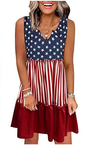 American Flag Outfits for Women 4th of July USA Dresses Ladies Trendy Patriotic Mini Dress Red white and Blue Dresses(USA Flag,2X-Large) | Amazon (US)