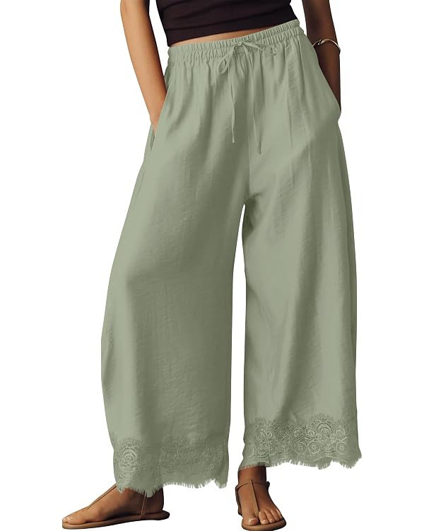 Ziesexy Womens Lace Trim Wide Leg Pants 2026 Summer Cropped Lace-Hem Pants Casual Outfits with Po... | Amazon (US)