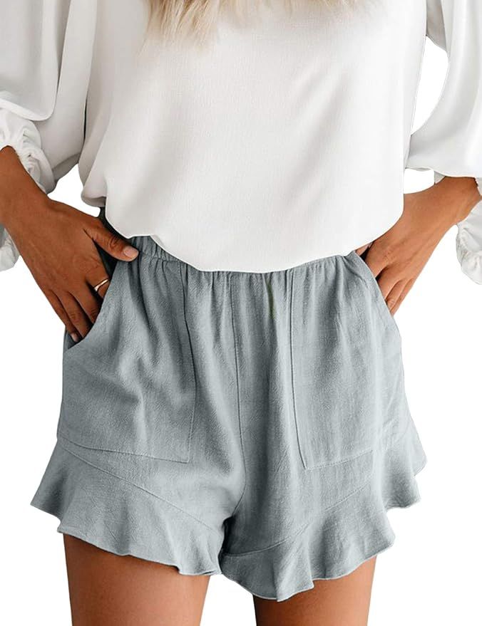 Doublju Women's Loose Fit Comfortable Elastic Waist Band & Strap Casual Shorts | Amazon (US)