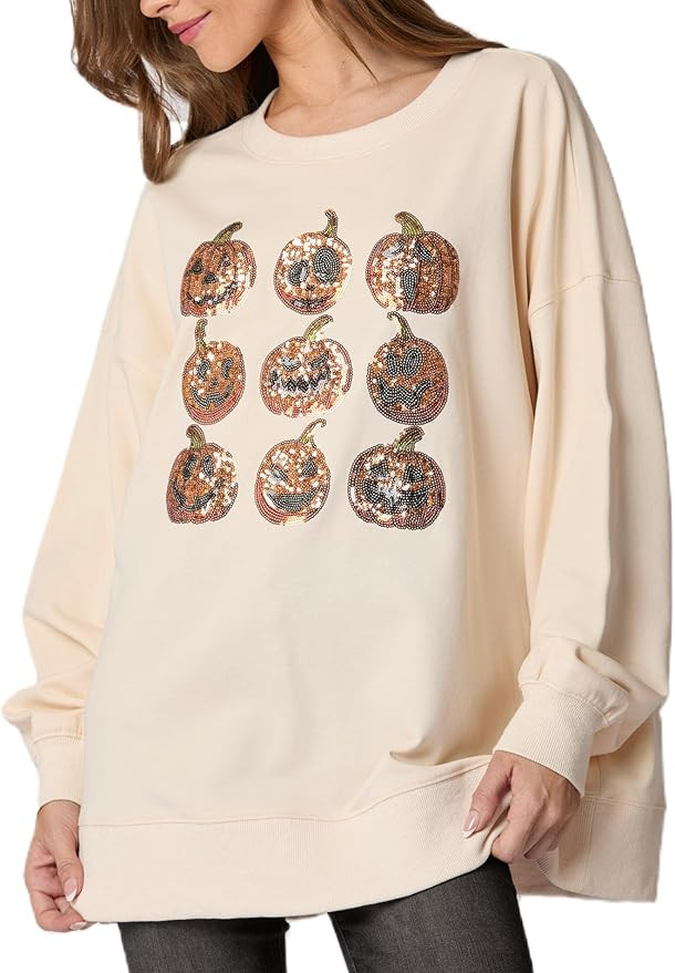 Halloween Pumpkin Sweatshirt for women Spooky Season Sequin Graphic Sweater Tops Oversized Crewne... | Amazon (US)