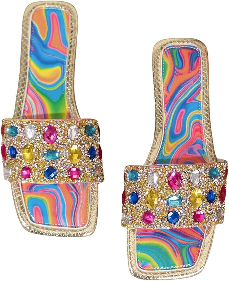 GORGLITTER Women's Rainbow Sparkly Summer Sandals 2026 Rhinestone Square Toe Wedding Flats Slides... | Amazon (US)