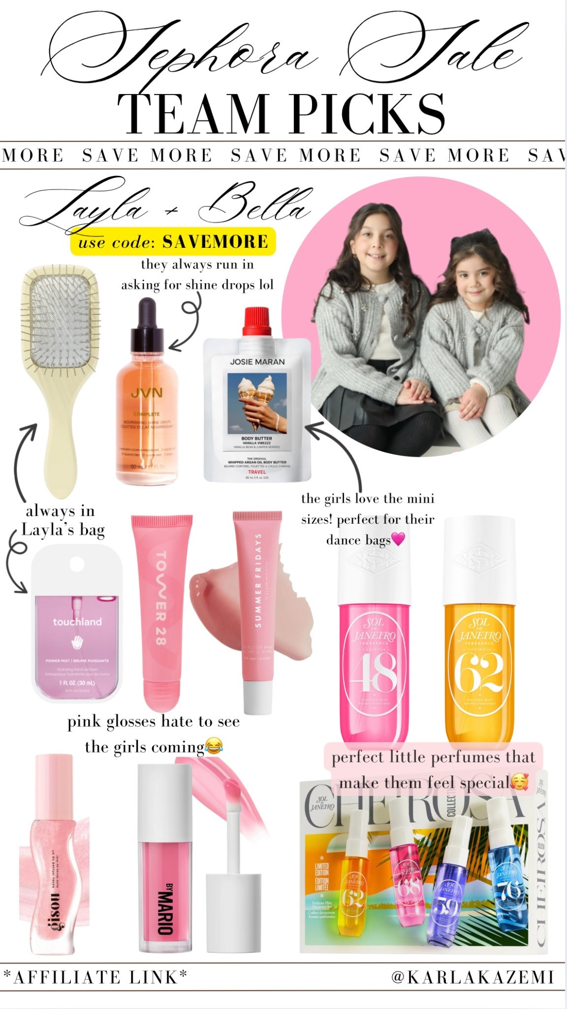 SEPHORA SALE LIVE FOR A FEW MORE DAYS!

Use code: SAVEMORE

these are the girls top picks for the sale!

They love the mini size of the Josie Karan body butter! Perfect size to slip into dance bags and belt bags.

Layla loves taking the mini mane brush around with her! Along with her hand sanitizer💕

They loooove pink glosses!! Can’t make this up, you’ve seen Bella apply hers by herself— she’s 4😅

The girls both love the shine drops! They’re fave part after we blow dry/style their hair!

And the little perfumes smell so good, not too strong and make them feel so special.

What can I say, they’re mama loves all things beauty and so do they🥰 these all truly make them feel so special and just like  mommy❤️

These would also make the perfect little gifts for Easter baskets!


#LTKFindsUnder50 #LTKBeauty #LTKGiftGuide