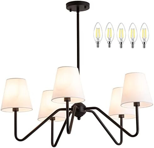 30.5" 5 Arms Black Chandelier, 5 Lights Kitchen Island Lighting with White Fabric Shade,Dining Ro... | Amazon (US)