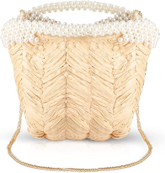 QTKJ Fashion Women Summer Straw Crossbody Bag, Hand-Woven Beach Shoulder Bag with White Pearls, M... | Amazon (US)