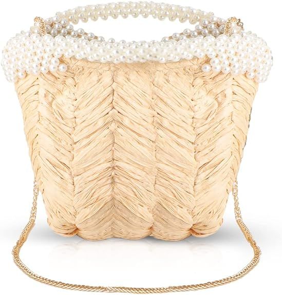 QTKJ Fashion Women Summer Straw Crossbody Bag, Hand-Woven Beach Shoulder Bag with White Pearls, M... | Amazon (US)