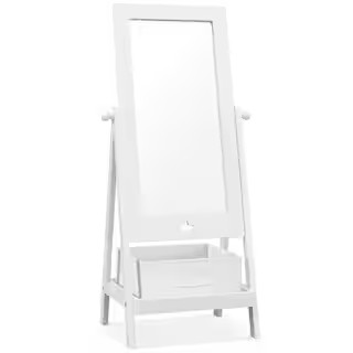 17.5 in. W x 44 in. H Freestanding Wood Mirror for Kids Dressing with Shelf 2 Side Hooks and Foldable Fabric Storage Bin | The Home Depot