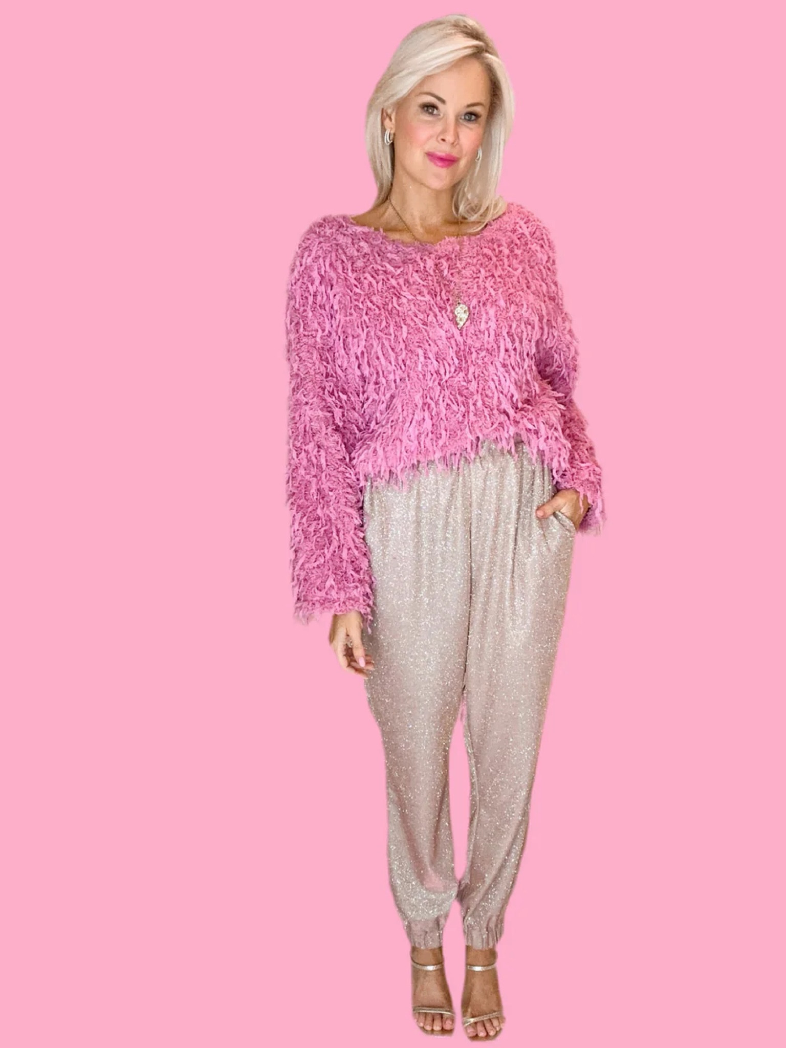 Glitter jogger and pink fluffy sweater 💖

#LTKOver40 #LTKHoliday #LTKFindsUnder100