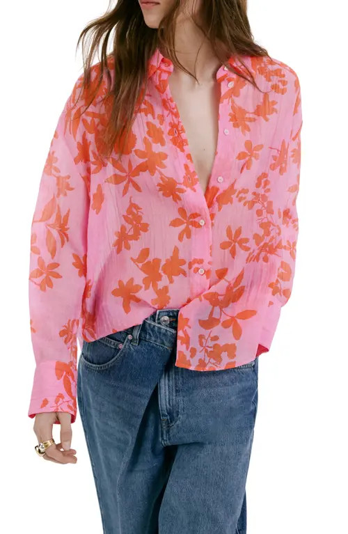 MANGO Relaxed Fit Crinkle Button-Up Shirt in Pink at Nordstrom, Size 8 | Nordstrom