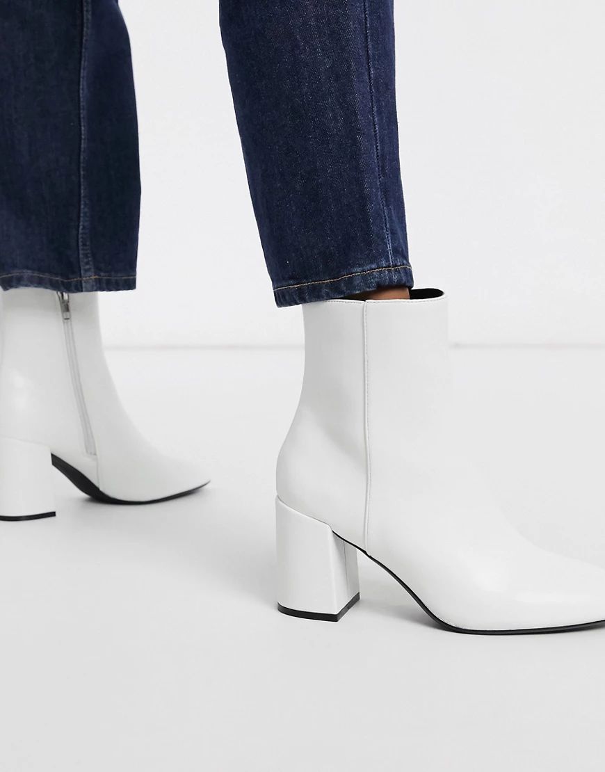 Bershka patent boot with block heel in white | ASOS (Global)
