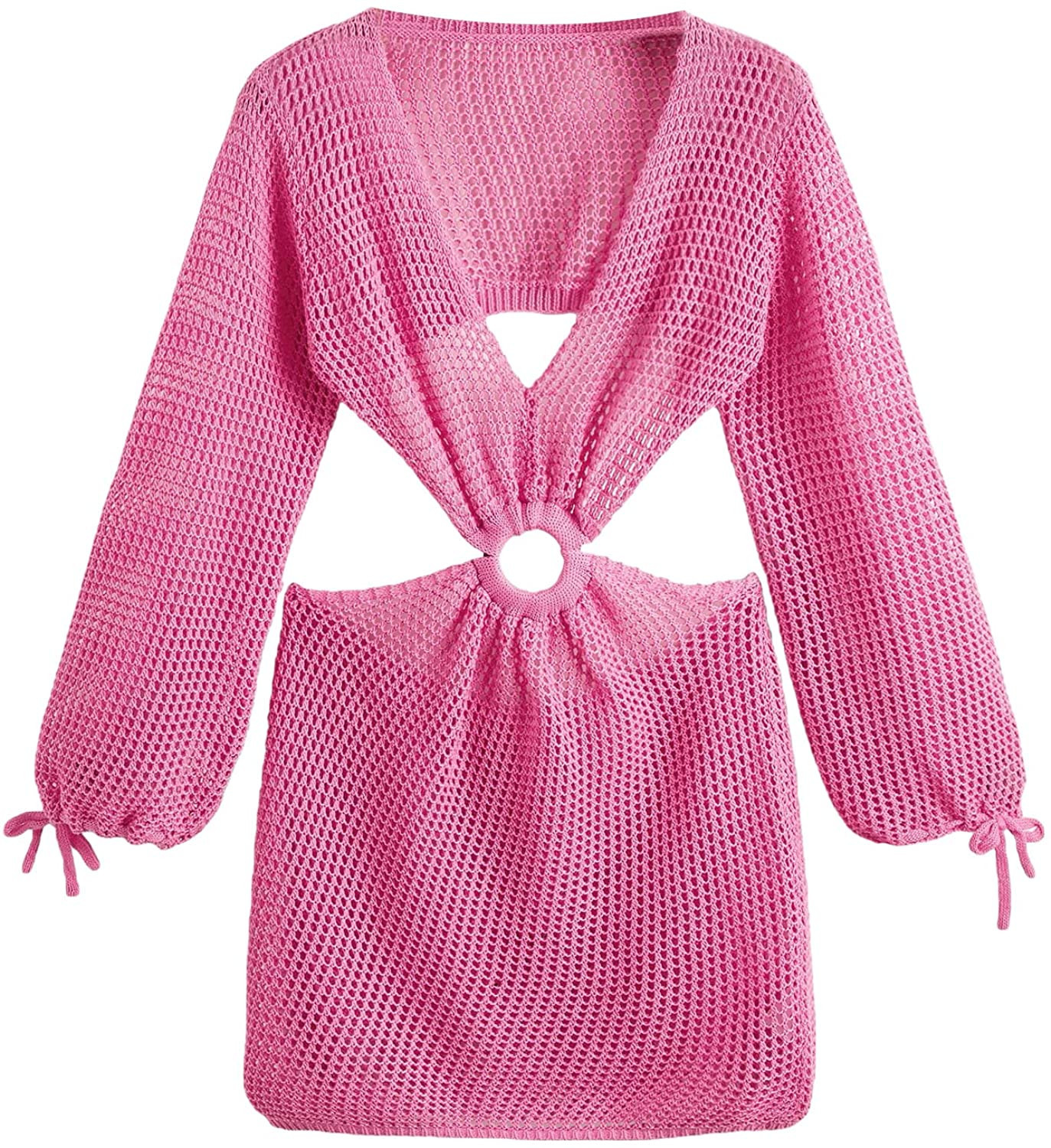 MakeMeChic Women's Crochet Cover Up Long Sleeve Knitted Swim Beach Cover Up Dress Swimwear | Amazon (US)