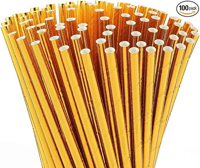 ALINK Gold Foil Paper Straws, Biodegradable Disposable Party Drinking Straws, Pack of 100 | Amazon (US)