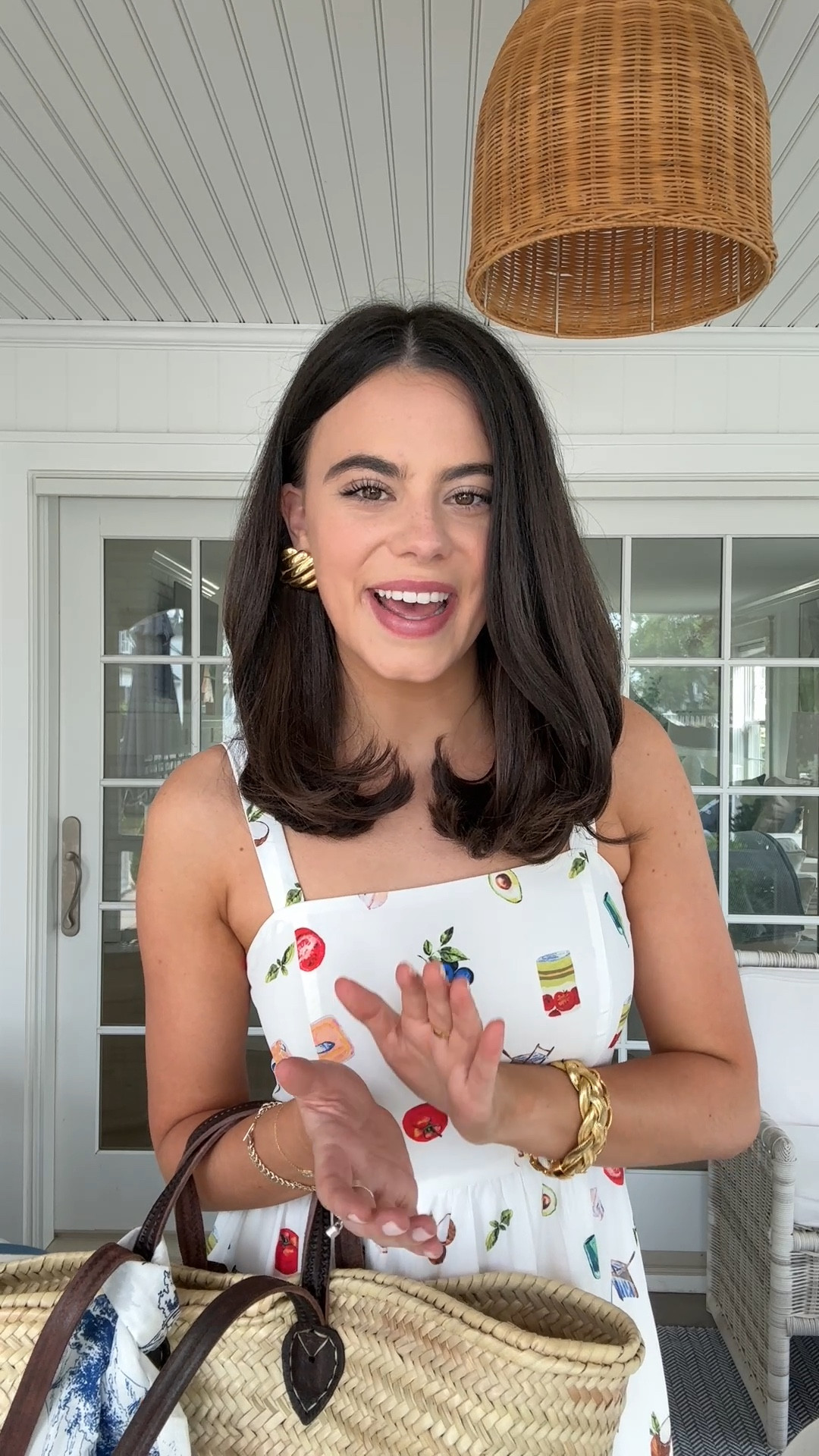 Saturday summer look!🍓🍒🍉 My market tote is available on emilyOandbows! My adorable dress is Avara and my new favorite Amazon jelly slides!