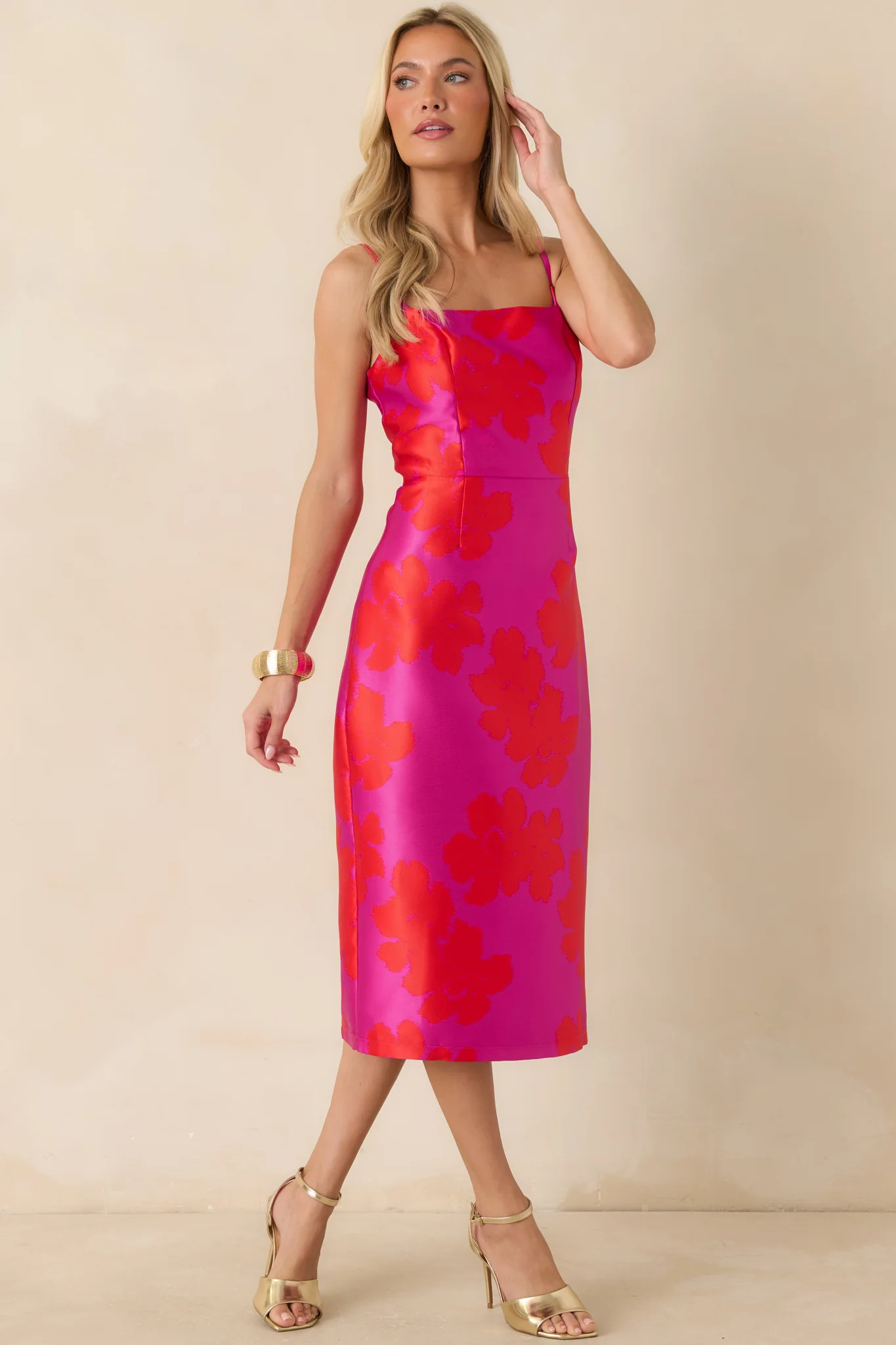 Make an Entrance Fuchsia & Red Floral Jacquard Midi Dress | Red Dress