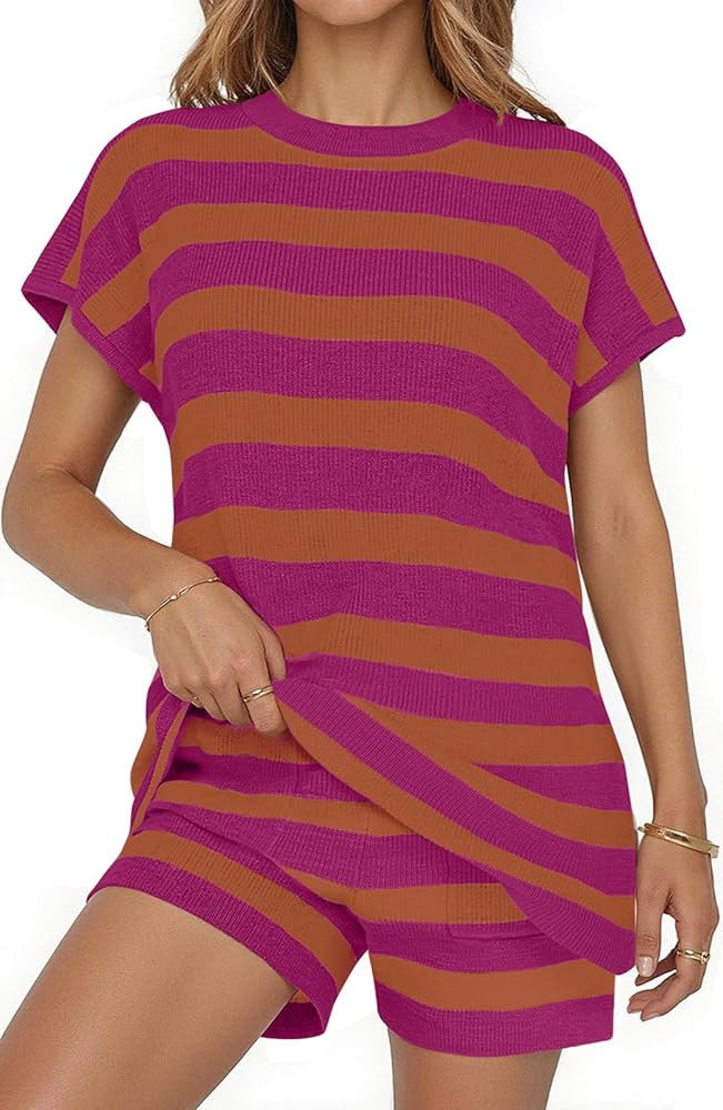 UEU Womens 2 Piece Outfits Lounge Sets Summer Striped Short Sleeve Top Shorts Matching Knit Overs... | Amazon (US)