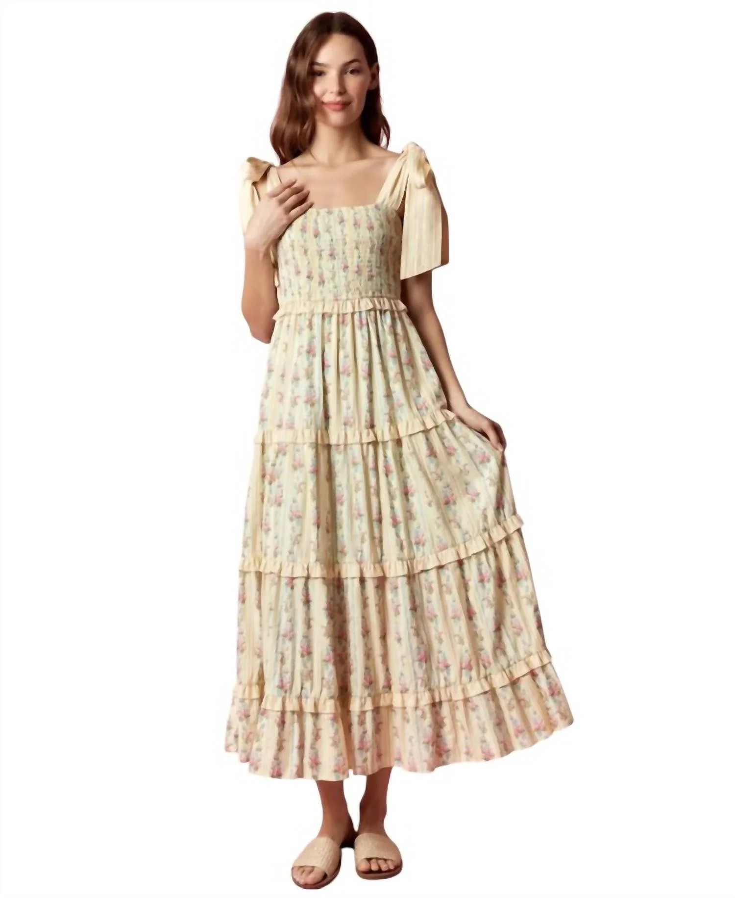 Floral Stripe Mixed Detail Dress In Yellow | Shop Simon