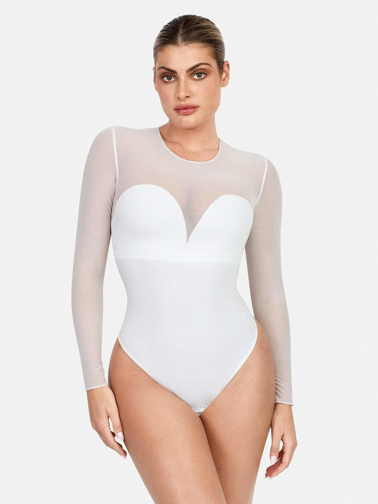 Shapewear Illusion Mesh Long Sleeve Tummy Control Bodysuit - White / M | Popilush