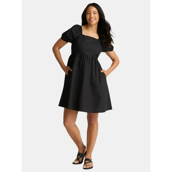 Time and Tru Women's Tie Back Mini Dress with Puff Sleeves, Sizes XS-XXXL | Walmart (US)