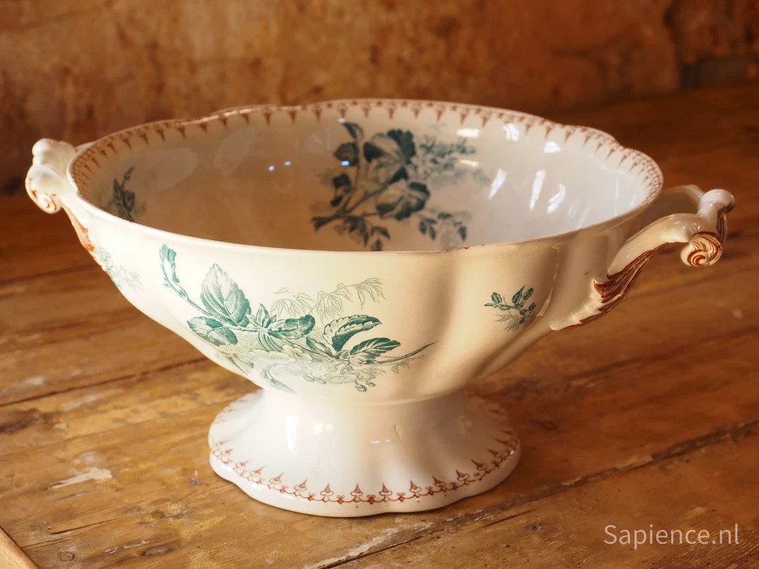 Footed Bowl, Antique French Transferware 1900, Sarreguemines White With Brown Blue Decor 'flore',... | Etsy (US)