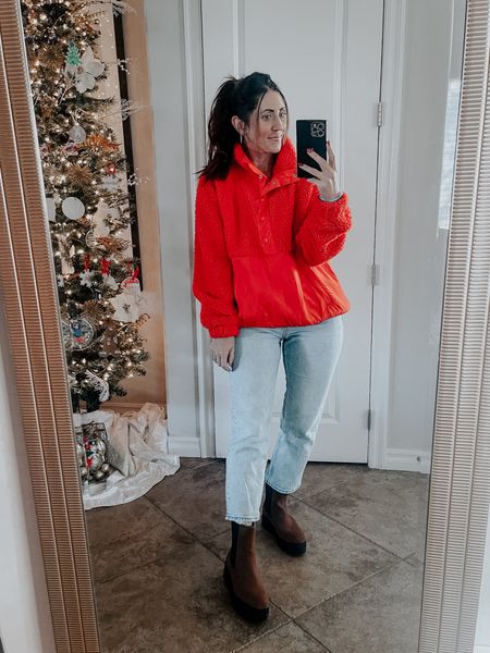 Red fleece pullover with jeans & Chelsea boots // casual holiday style ❤️

#LTKHoliday #LTKstyletip #LTKfindsunder50