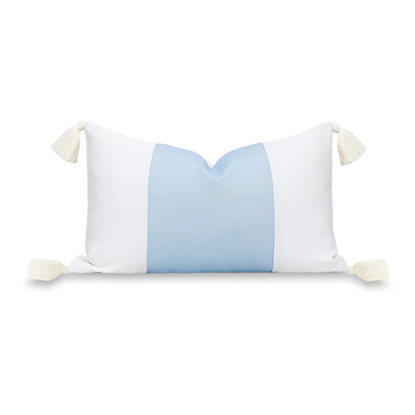 Coastal Indoor Outdoor Lumbar Pillow Cover, Color Block with Tassels, Baby Blue, 12"x20" | Hofdeco