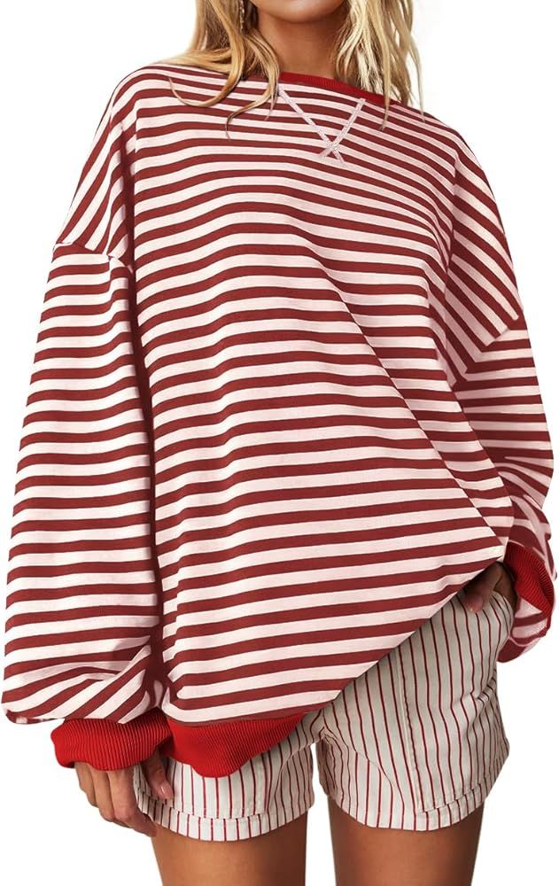 UEU Women Oversized Striped Crewneck Sweatshirt Long Sleeve Color Block Pullover Tops Casual Loos... | Amazon (US)