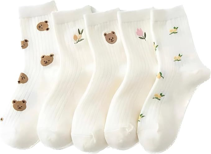 Cute and simple Kawaii Korean Spring Bear and Flower Embroidered soft & lightweight Crew Socks fo... | Amazon (US)