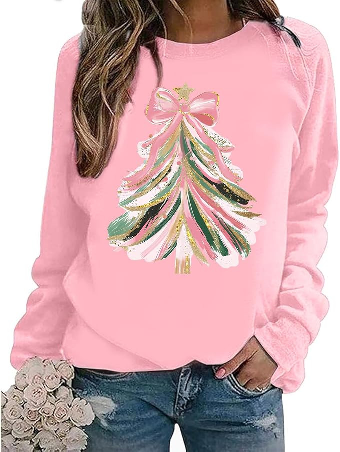 Christmas Tree Sweatshirt for Women Ugly Christmas Sweatshirts Xmas Bow Sweater Tops | Amazon (US)