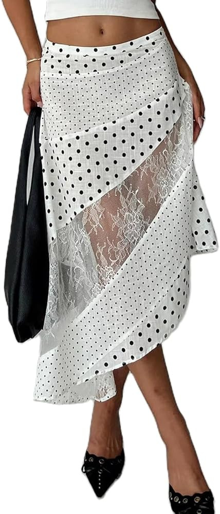 Women Y2K Maxi Skirt Coquette Hight Waist Lace Patchwork Irregular Hem Flowy Midi Skirt Summer Va... | Amazon (US)