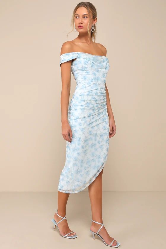 Idyllic Beauty Light Blue Floral Off-The-Shoulder Midi Dress | Lulus