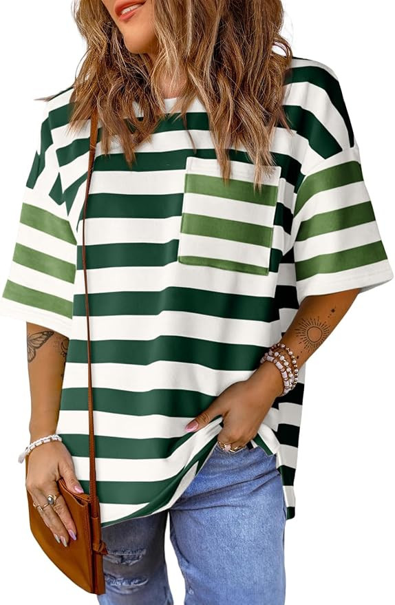 Womens Oversized Color Block Striped Tshirts Summer Casual Short Sleeve Tops Loose Fit Crew Neck ... | Amazon (US)