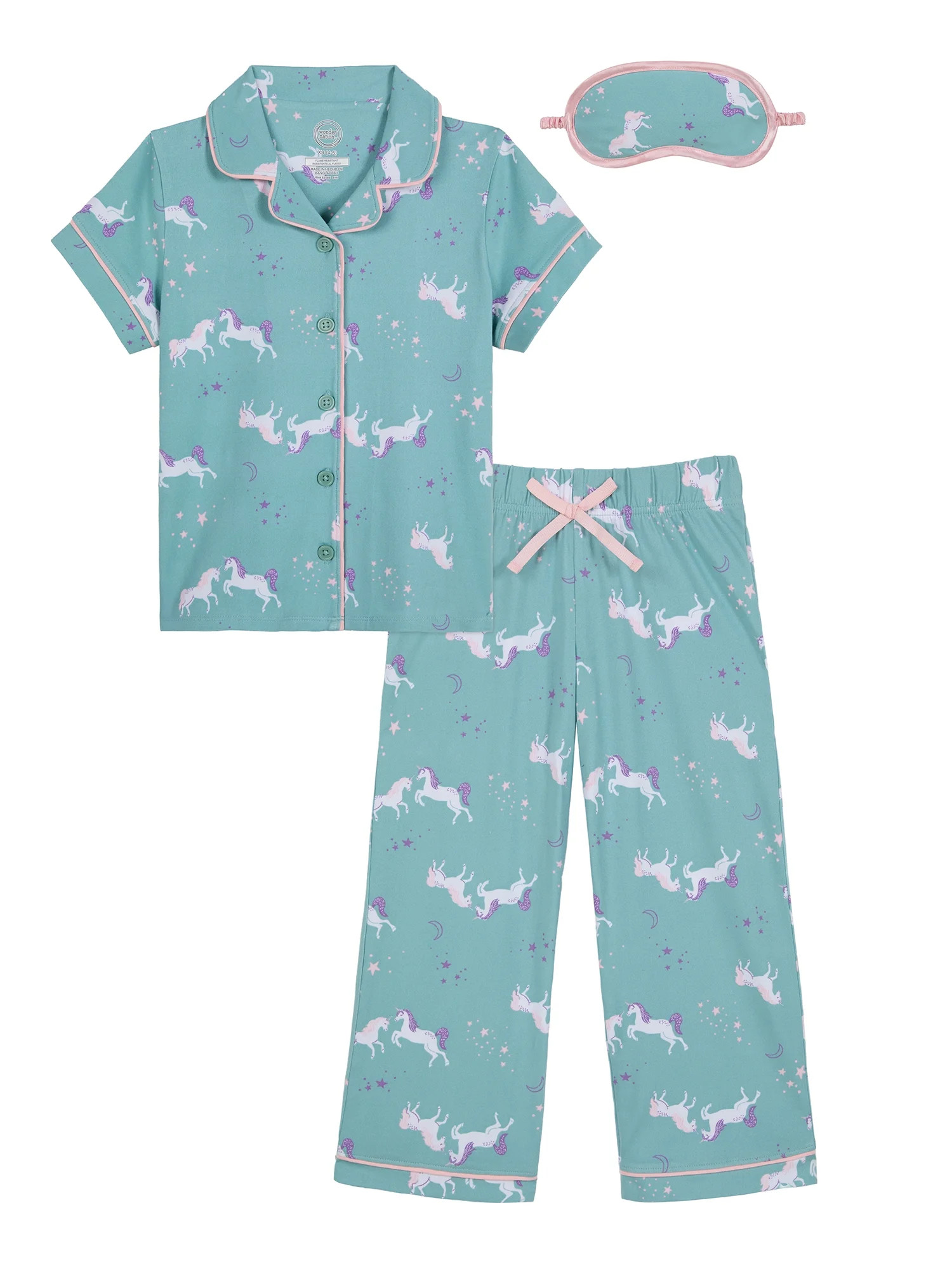Wonder Nation Girls Button Front Short Sleeve Top & Pant Pajama Set with an Eyemask, 3-Piece, Siz... | Walmart (US)