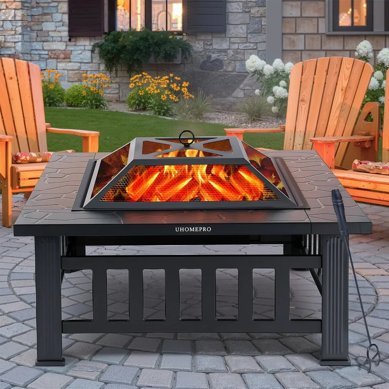 Fire Pits for Outside, 32" Wood Burning Fire Pit Tables with Screen Lid, Poker, BBQ Net, Ice Tray... | Walmart (US)