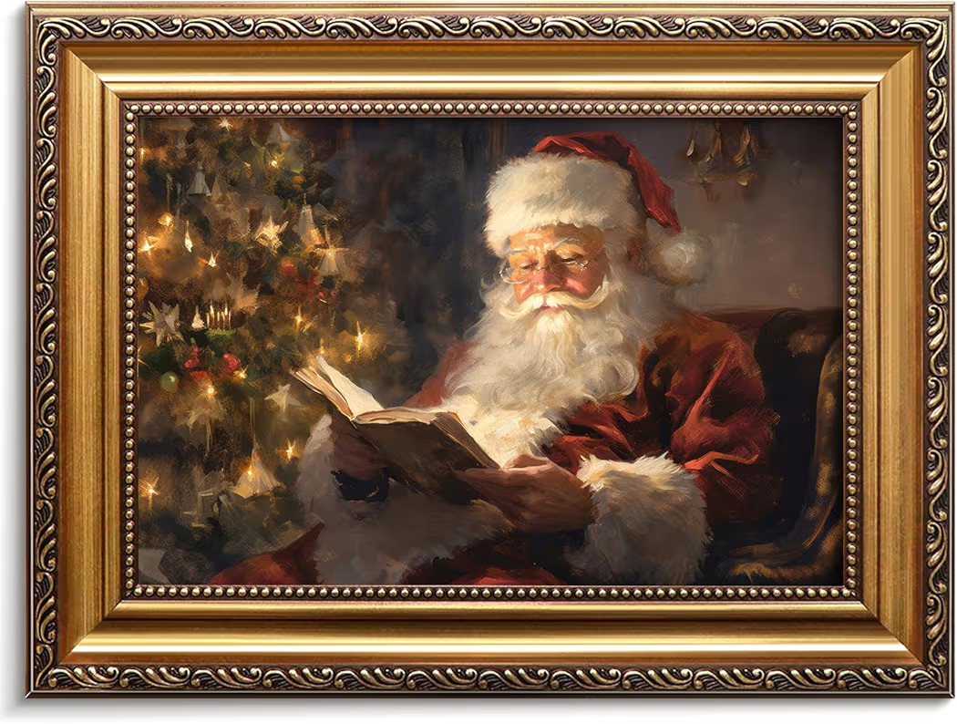 Vodefoad Vintage Christmas Gold Framed Wall Art Santa Reading Book Christmas Poster Cottagecore A... | Amazon (US)