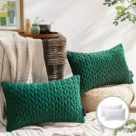 Phantoscope Quilted Velvet Braid Textured Pleated Square Decorative Throw Pillow Cusion for Couch, 12" x 20", Dark Green, 2 Pack | Walmart (US)
